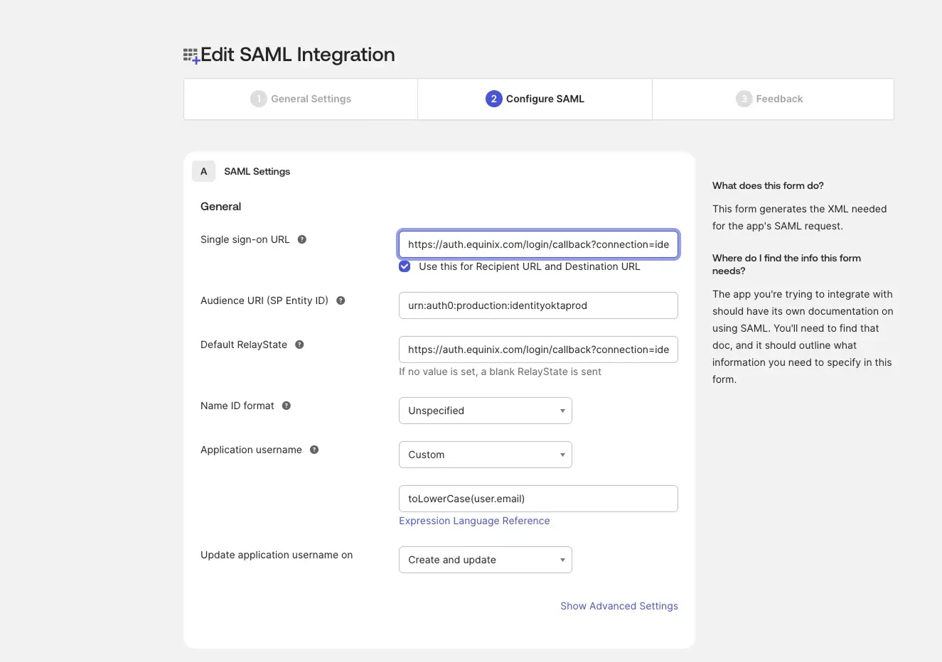 Entering a lowercase expression for the Application username in Okta SAML Settings