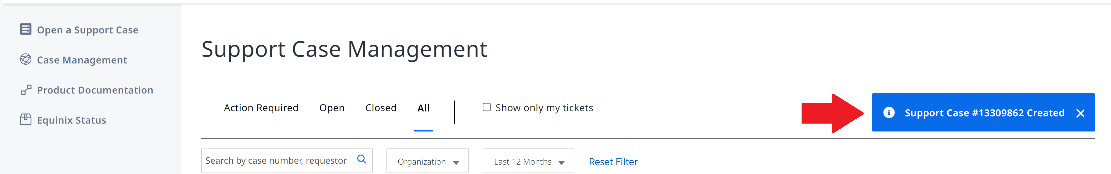 Case number notification displaying in the dashboard
