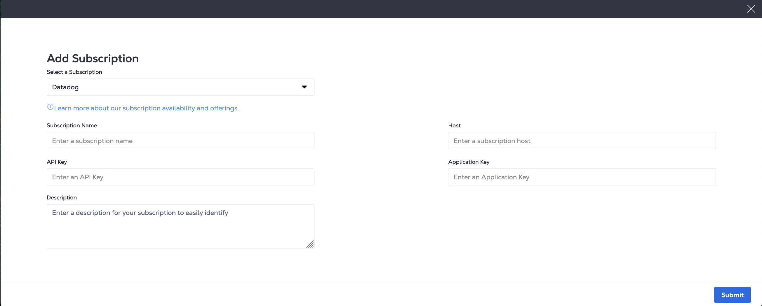 Adding a Datadog Subscription Dialog Screenshot