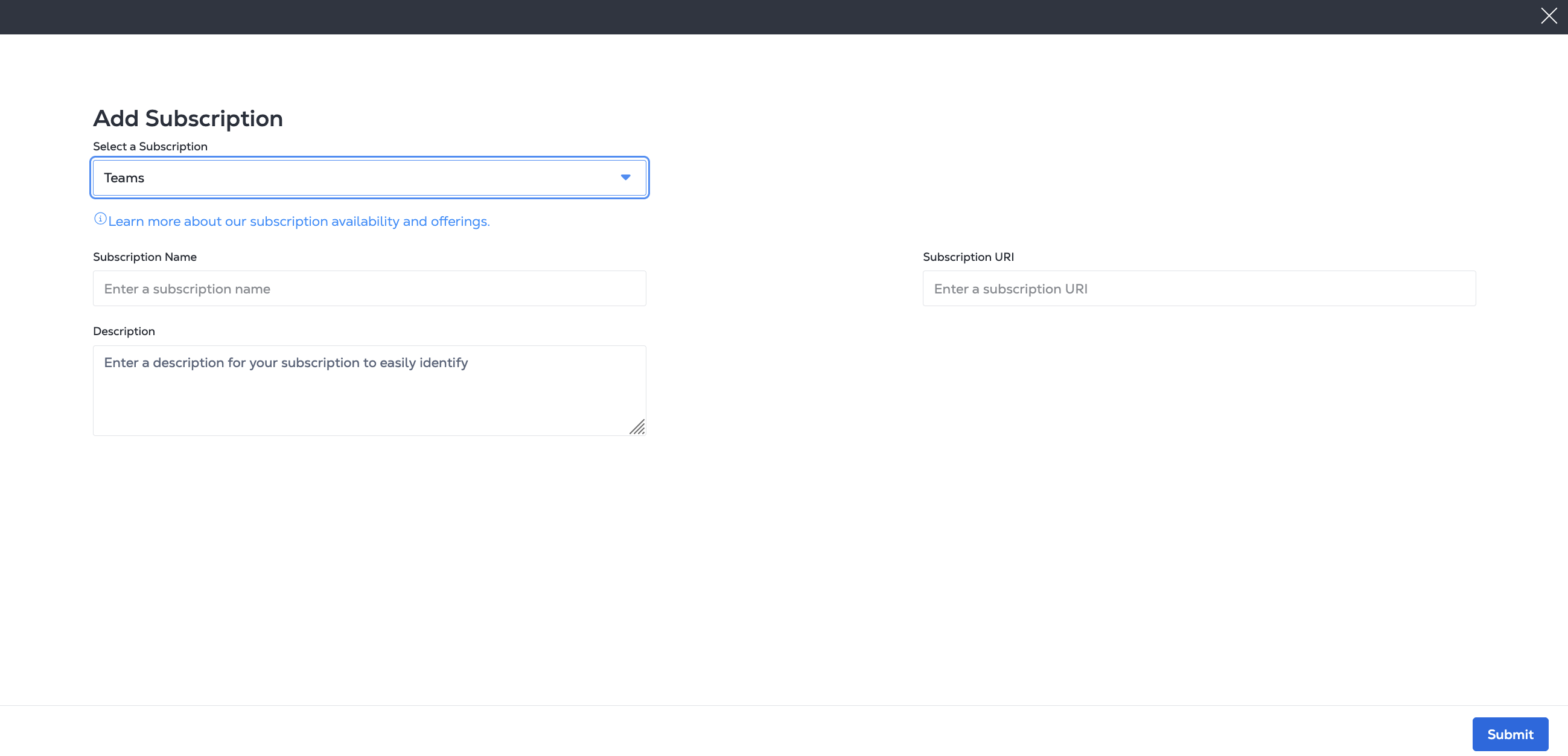 Adding a Microsoft Teams Subscription Dialog Screenshot