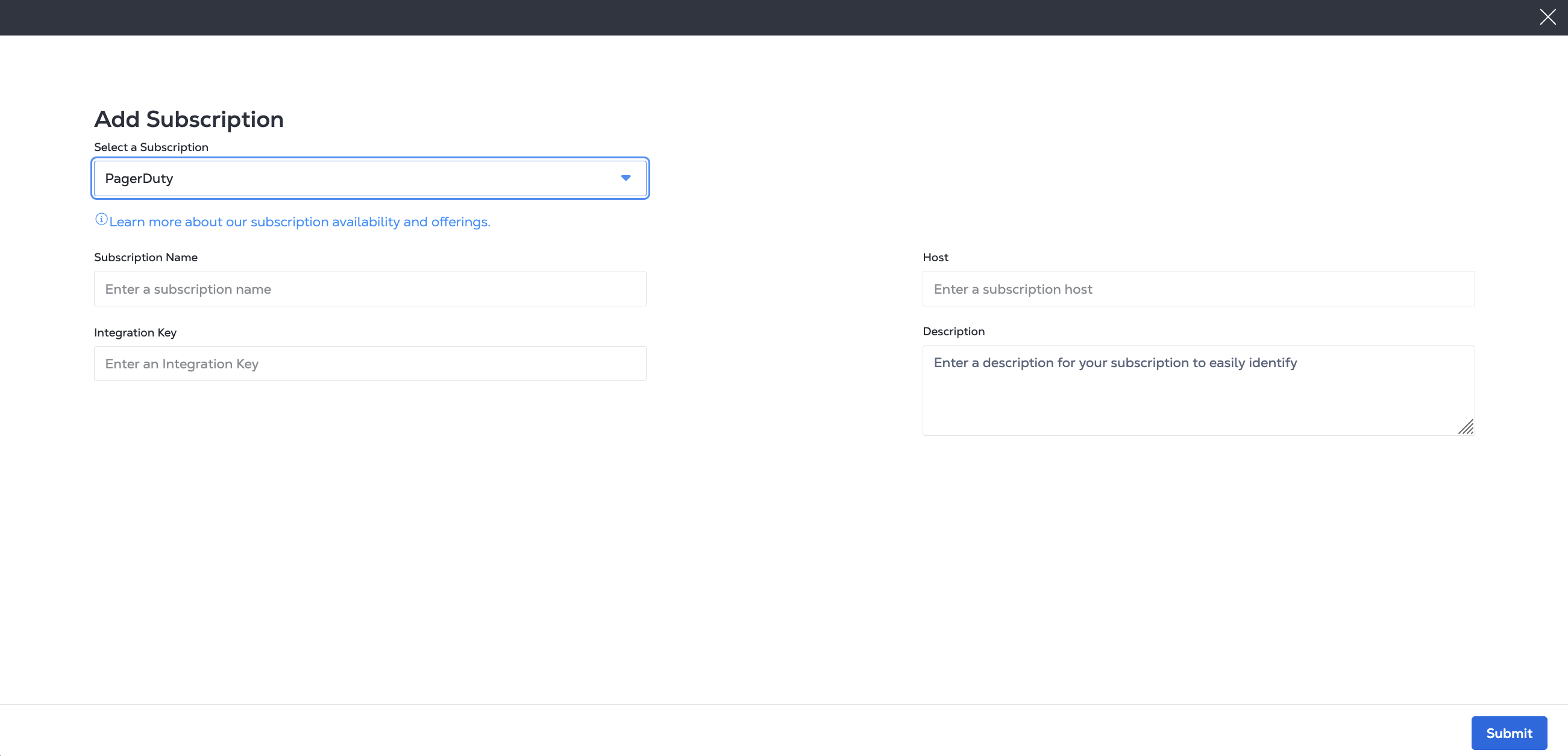 Adding a Pagerduty Subscription Dialog Screenshot