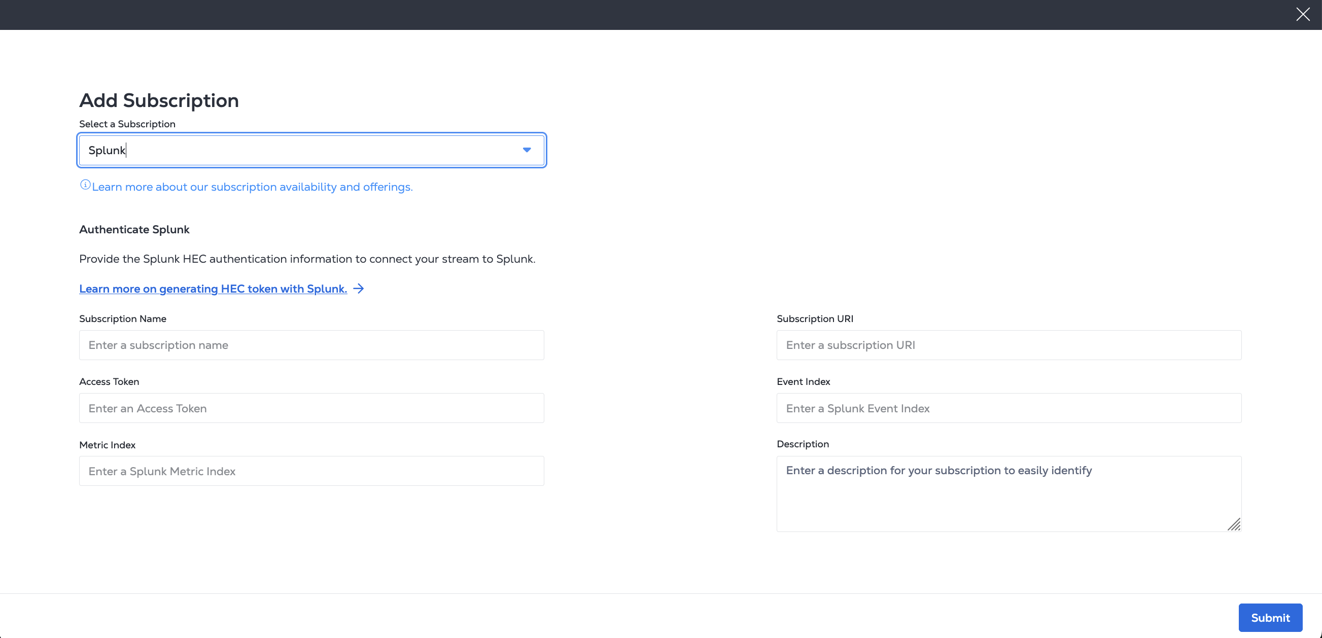 Adding a Splunk Subscription Dialog Screenshot
