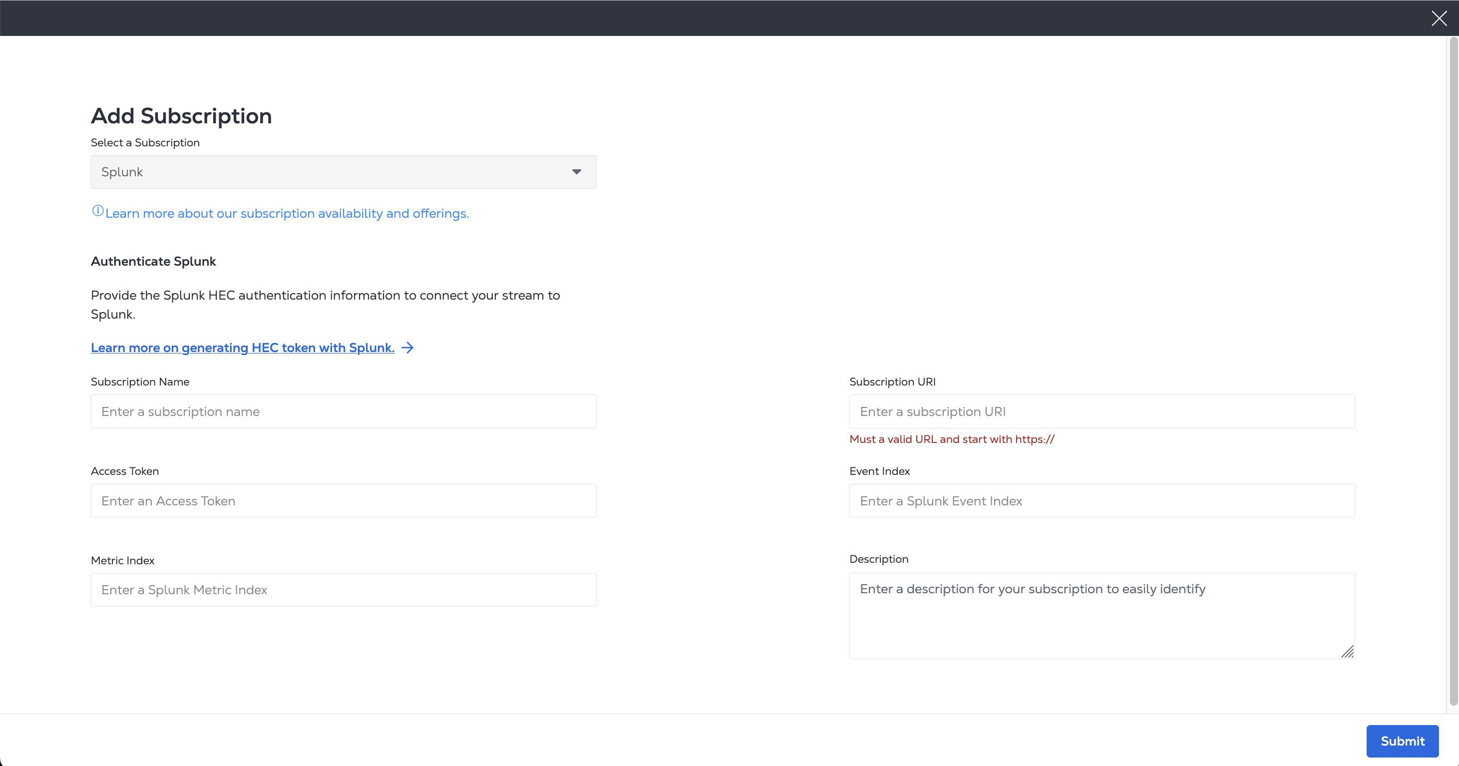 Adding a Splunk Subscription Dialog Screenshot