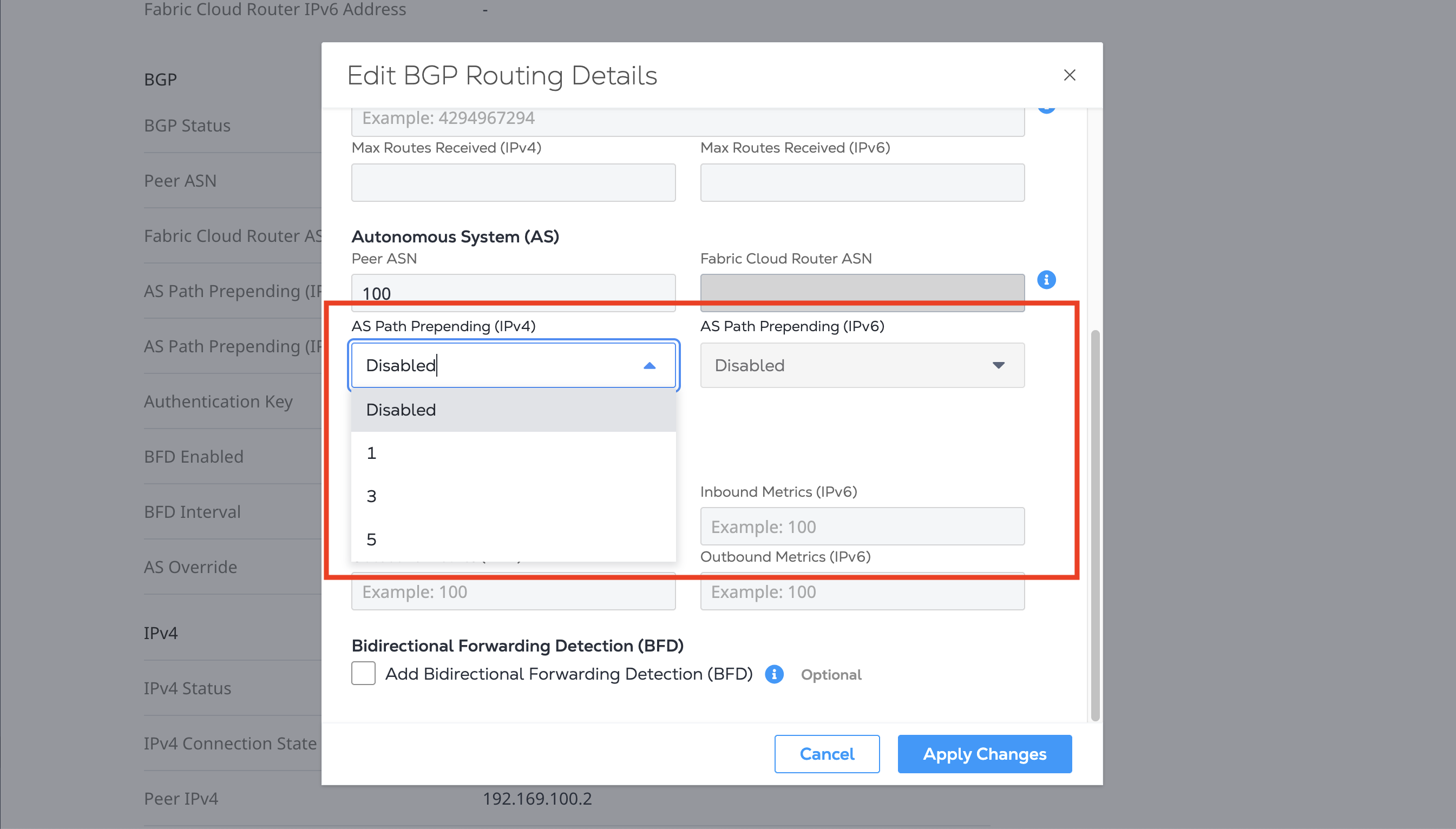 AS-path Prepend Drop-down Screenshot