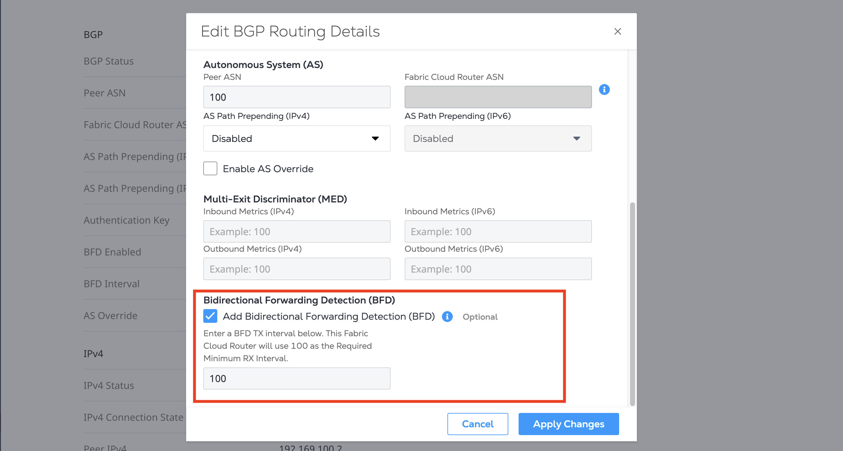 BFD Option and Configuration Screenshot