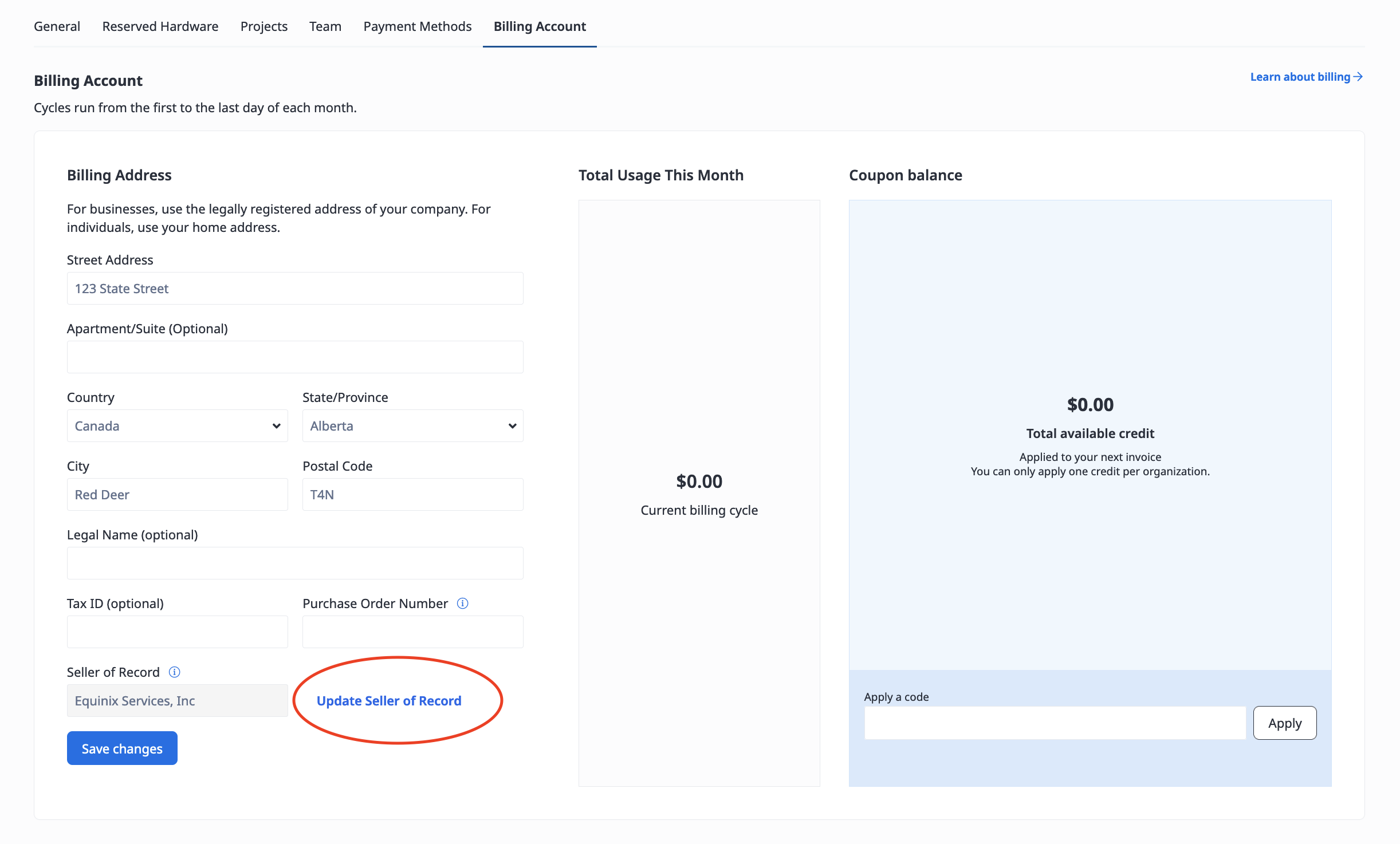 Example Billing Account Update Seller of Record