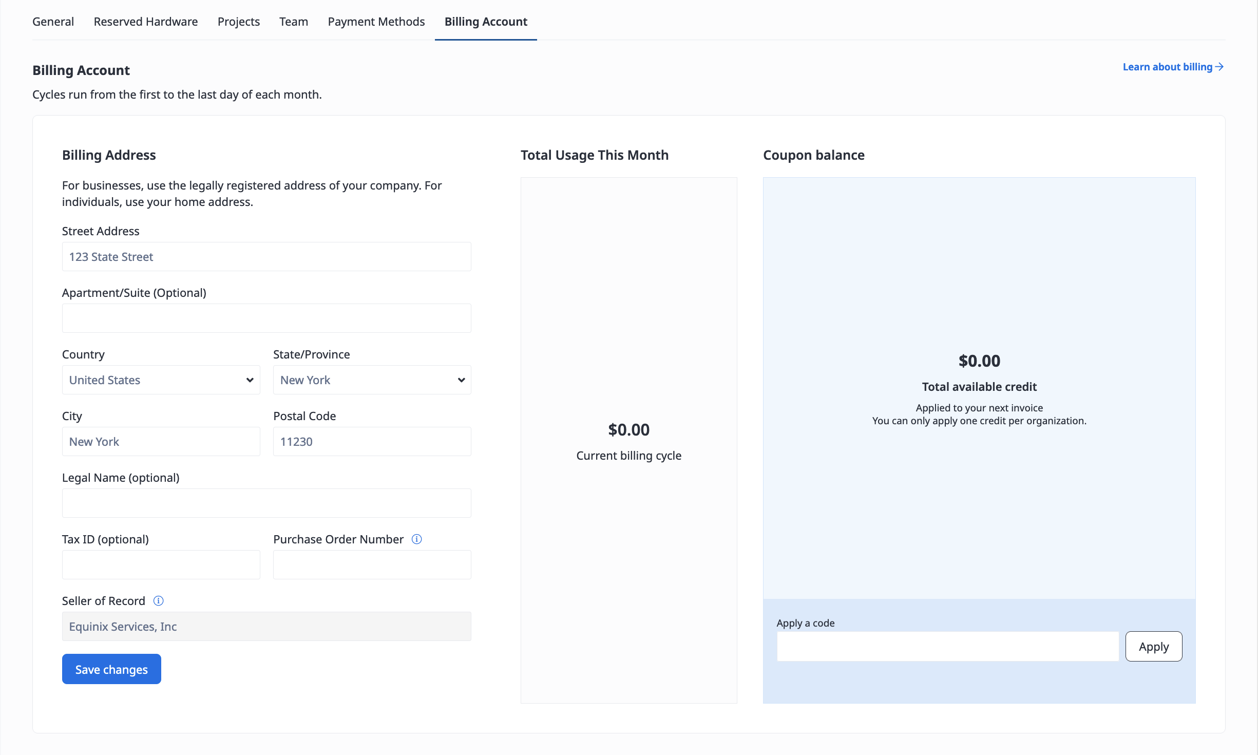 Example Billing Account Information