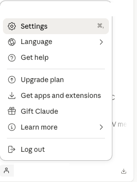 Claude Desktop profile menu showing Settings option
