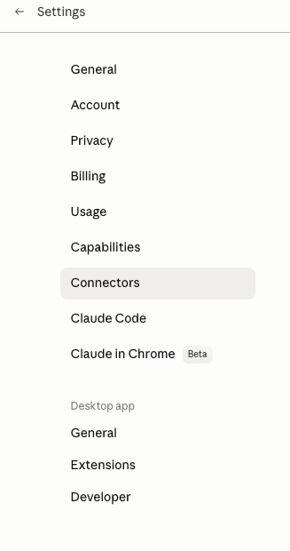 Settings sidebar with Connectors highlighted