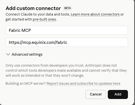 Add custom connector form with Fabric MCP name and URL filled in