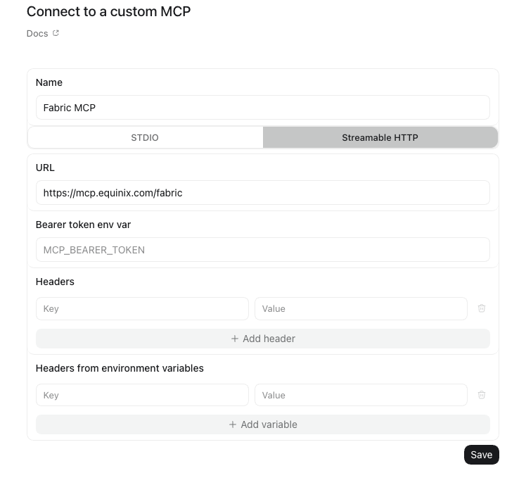 Add server form with Fabric MCP name and URL filled in