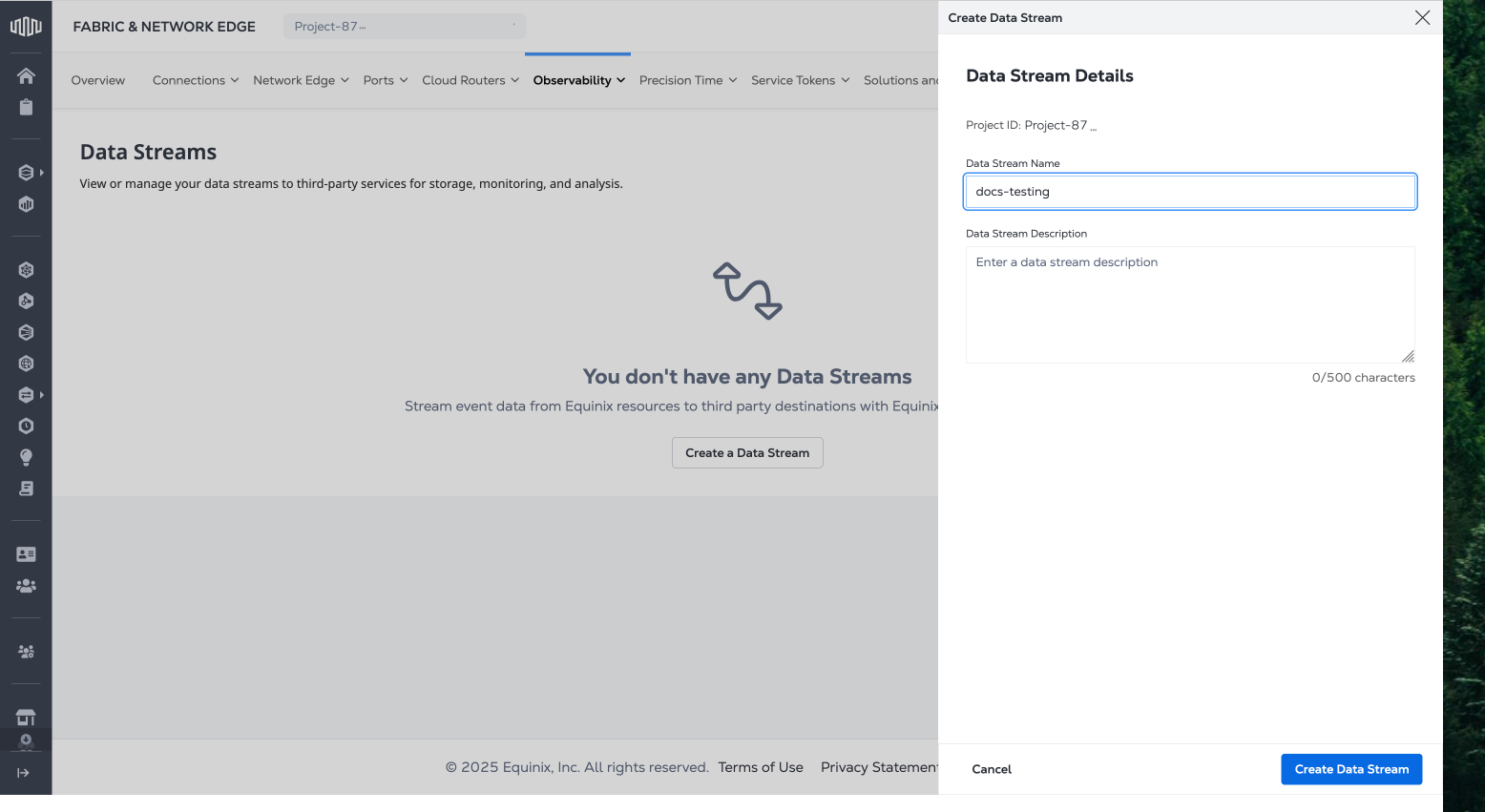 Creating a Data Stream Dialog Screenshot