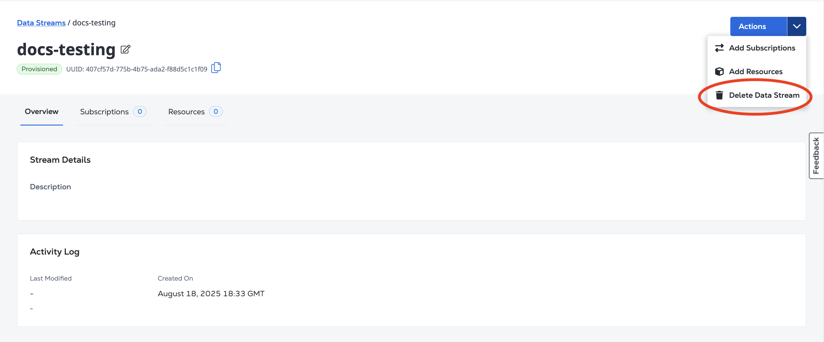 Deleting a Data Stream Screenshot