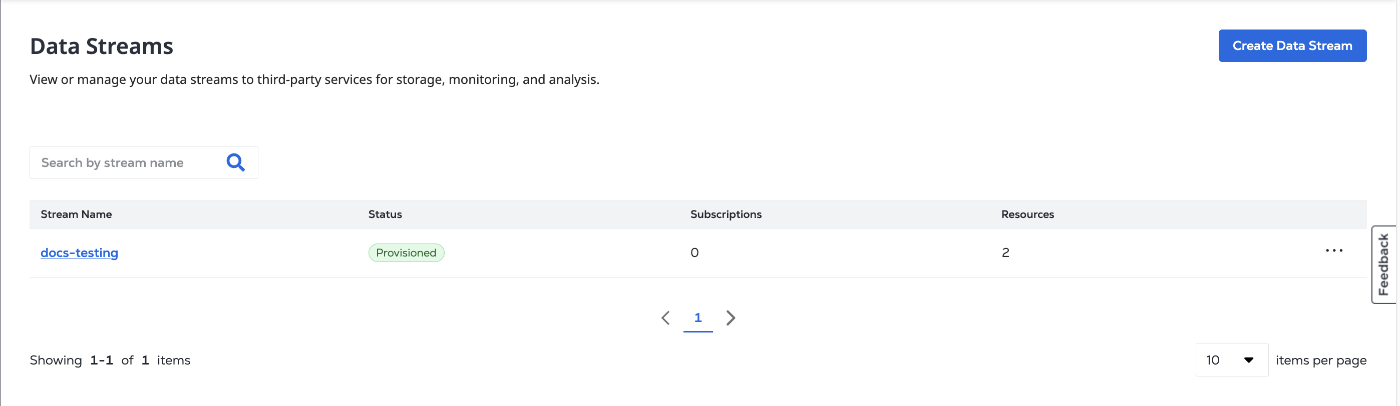 Data Streams List Screenshot