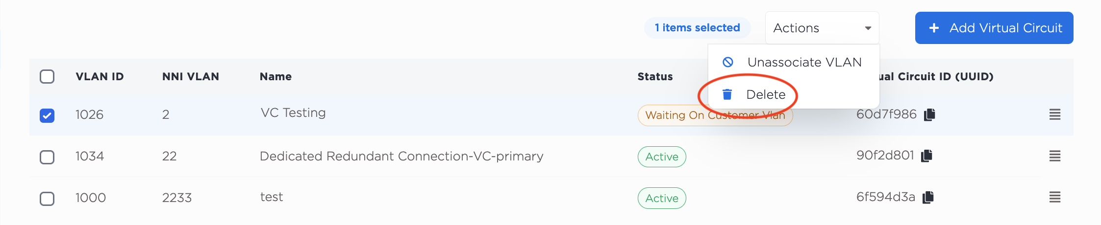 Deleting a VC in the Console