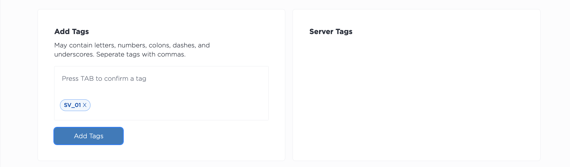 Screenshot of adding a single tag