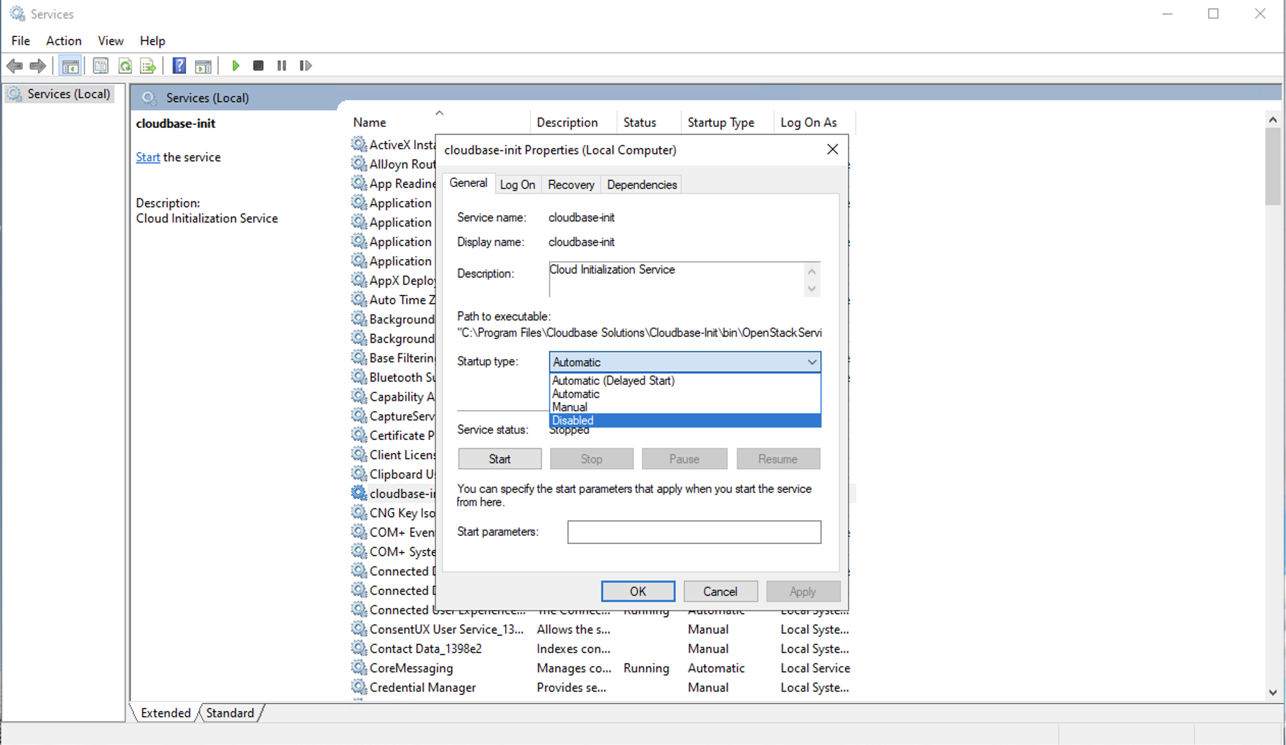 Disabling cloudbase-init in Services