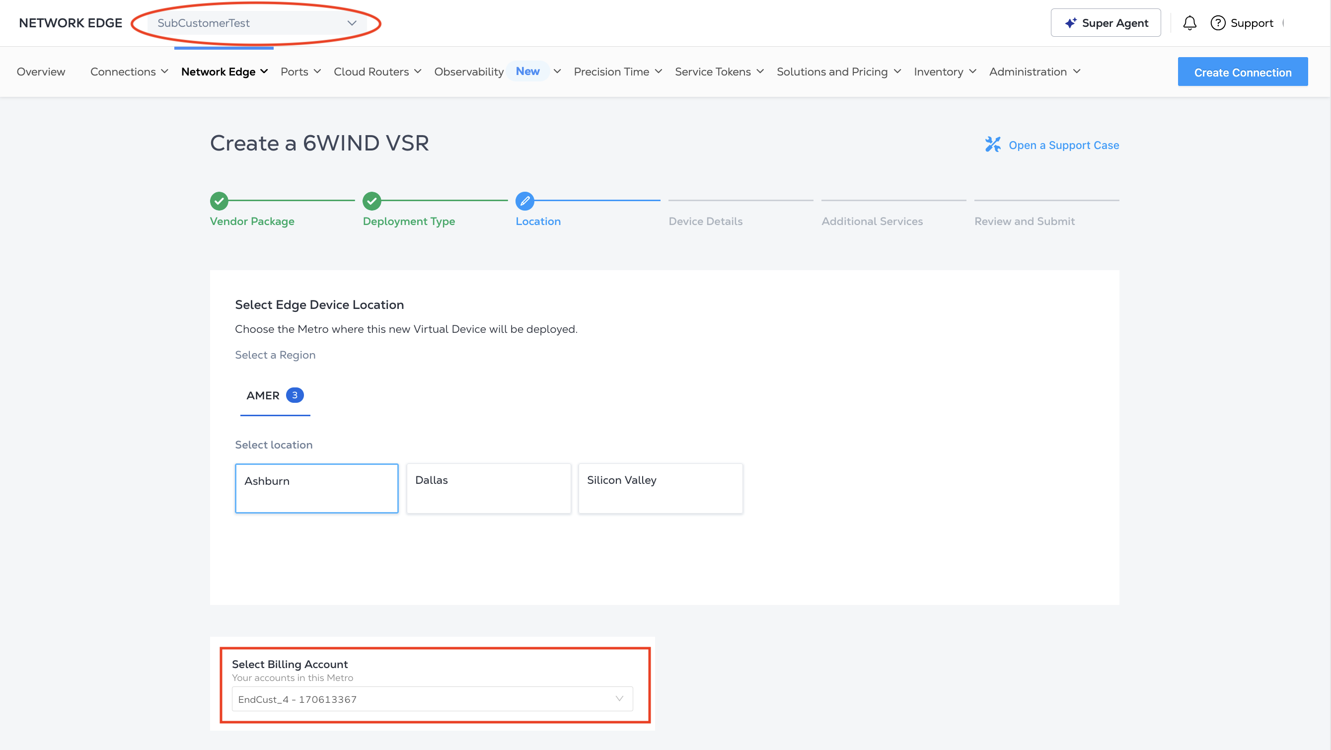 Screenshot of Selecting a Billing Account