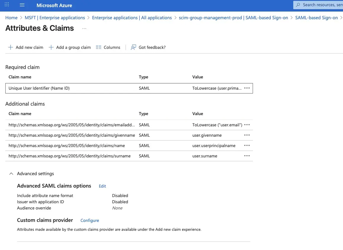 Selecting the Unique User Identifier (Name ID) claim in Entra ID