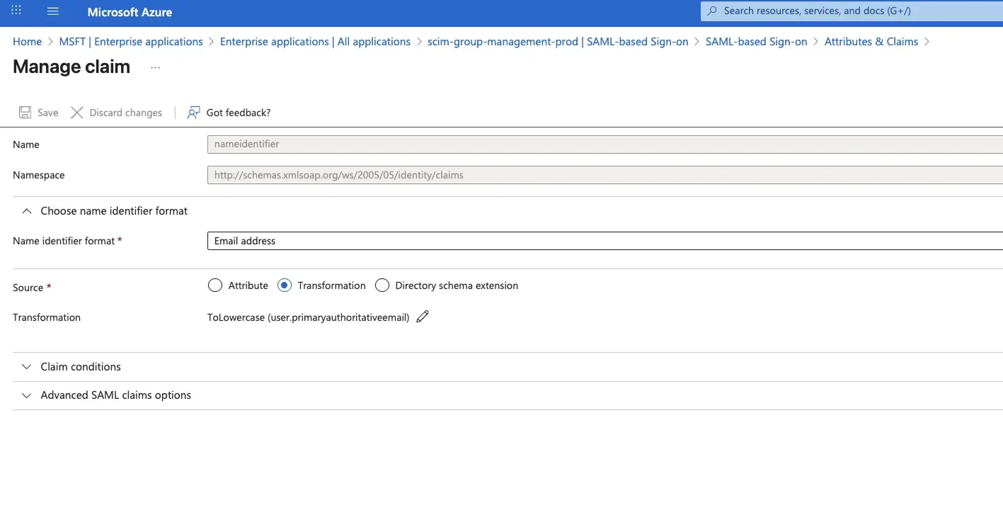 Configuring a lowercase transformation for the Unique User Identifier (Name ID) claim in Entra ID