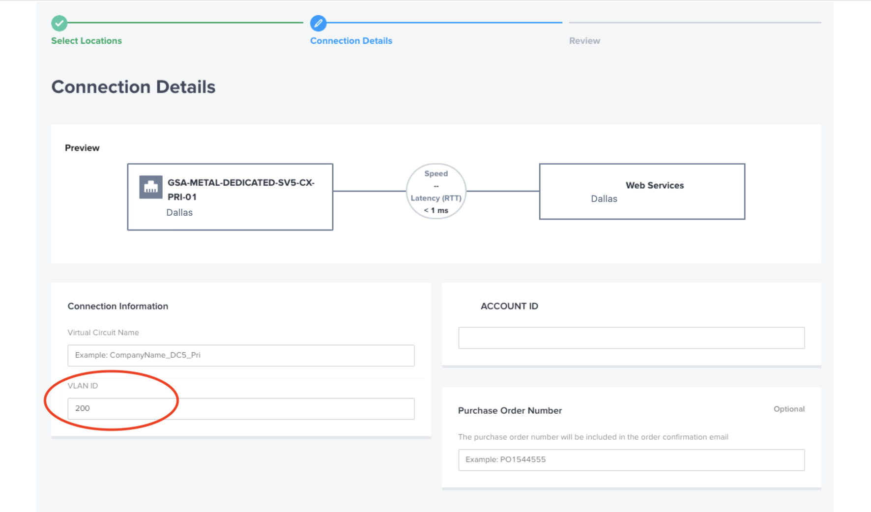 Making a Virtual Connection from a Port in the Customer Portal