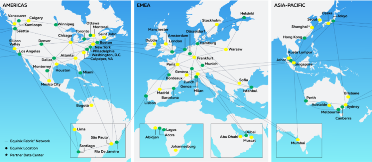 World map showing Equinix Fabric metros grouped into green and yellow maintenance zones