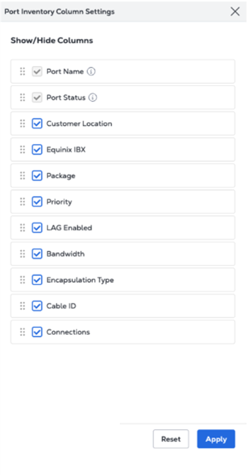 Port Inventory Column Settings drawer