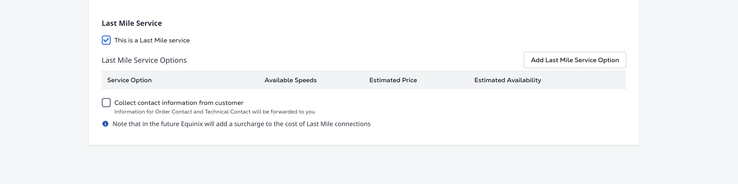 Add Last Mile Service Option screen
