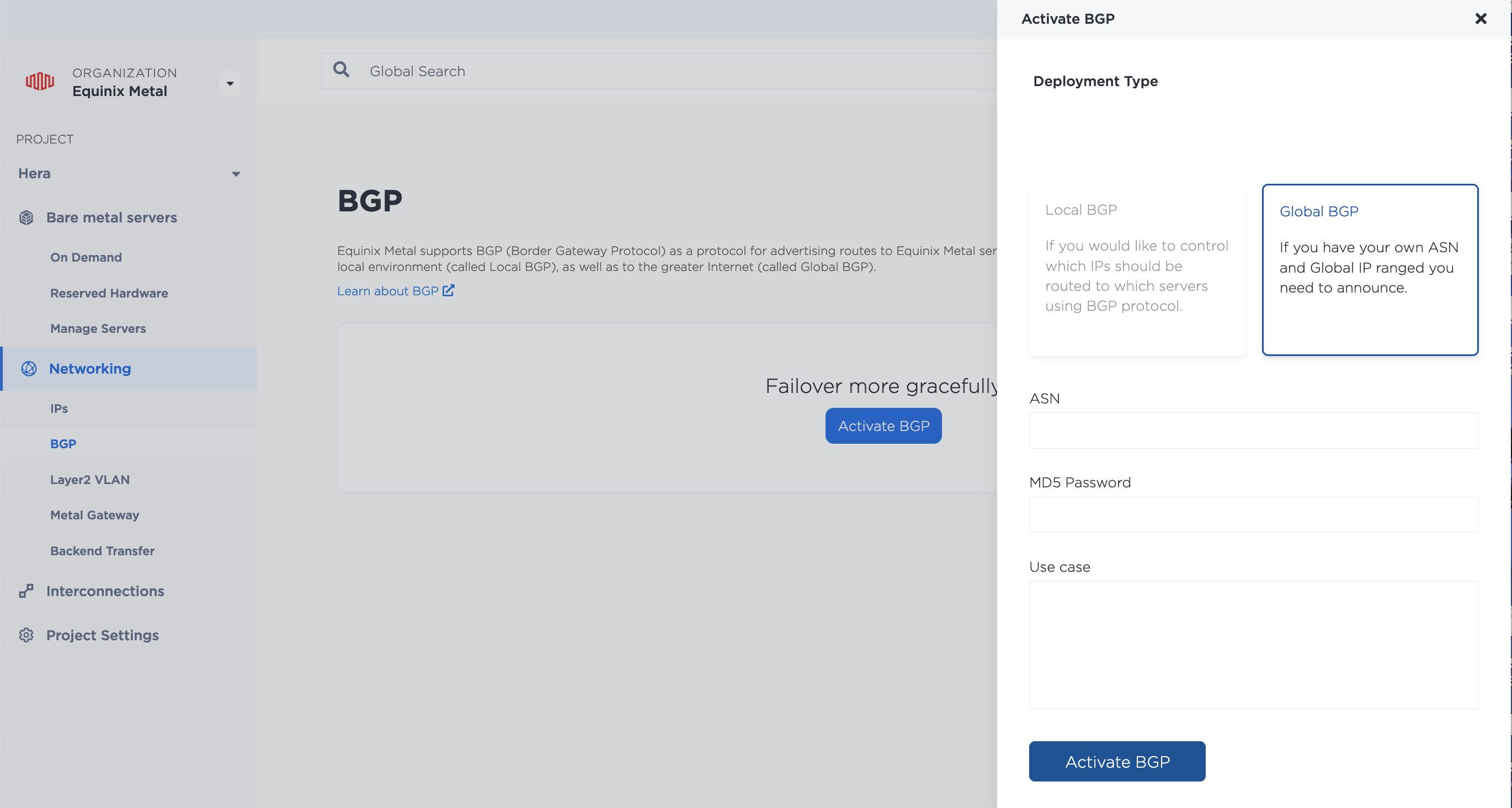 Enabling Global BGP in the Console