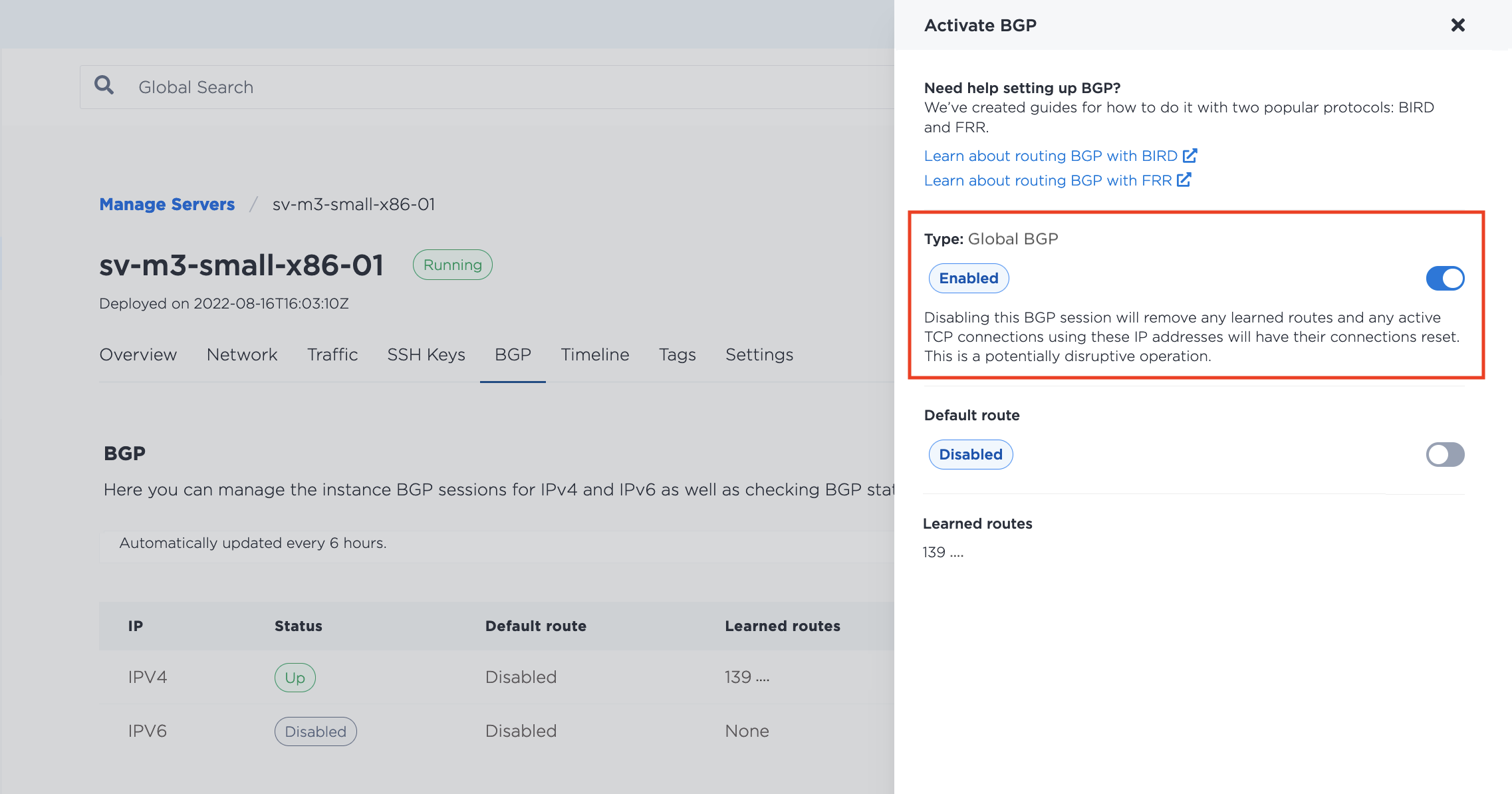 Disabling Global BGP Session in the console
