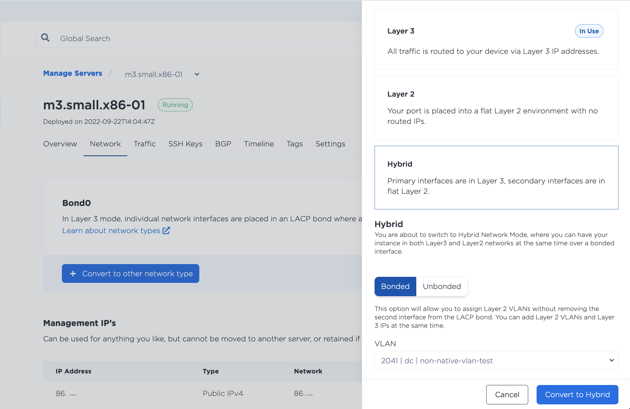Converting to Hybrid Bonded mode options panel