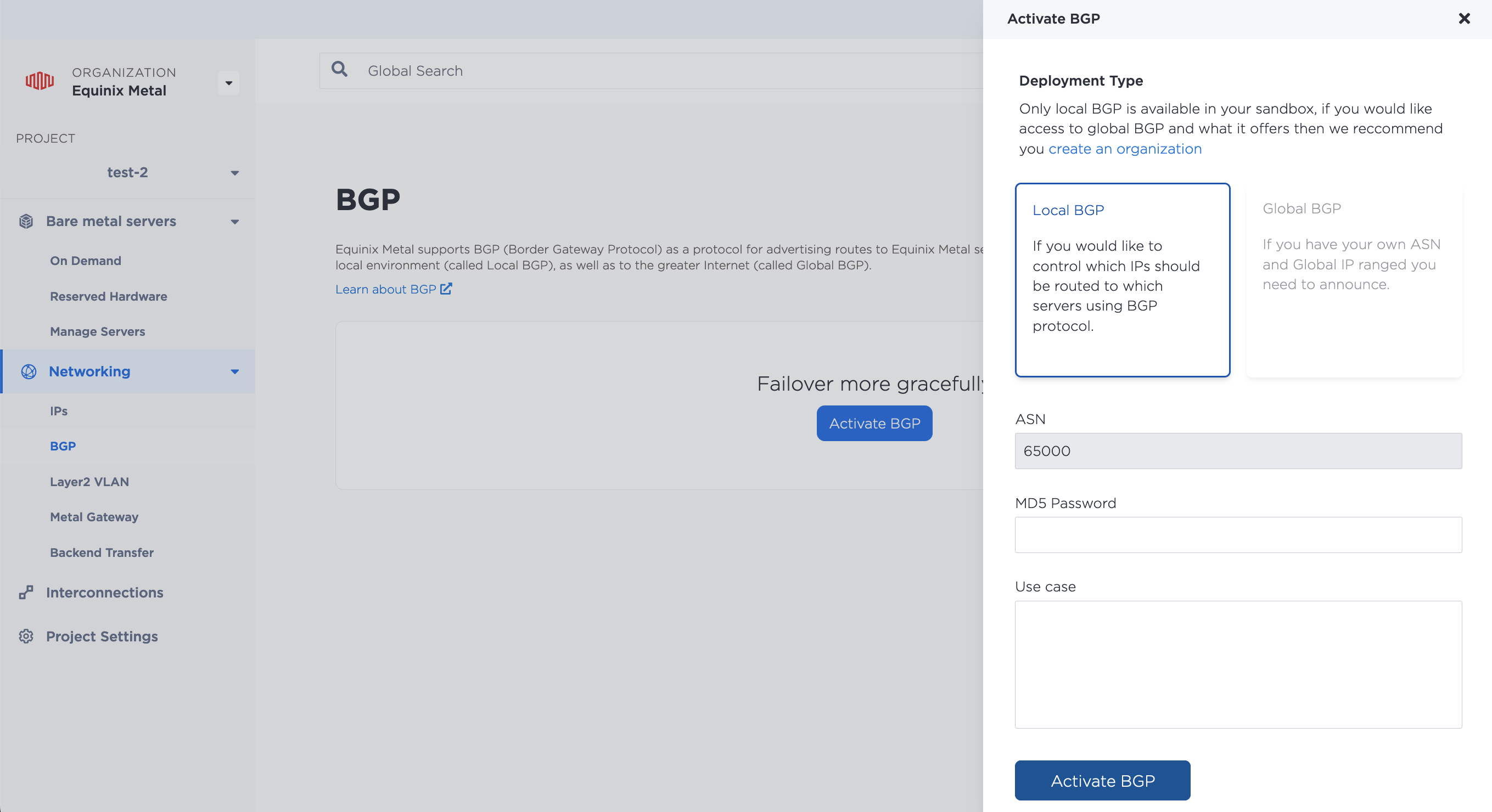 Enabling Local BGP in the Console