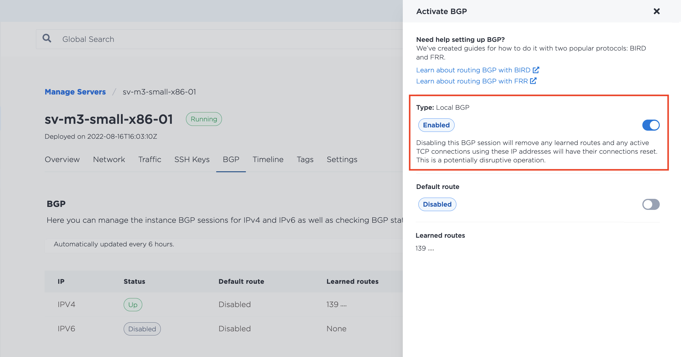 Disabling Local BGP in the Console
