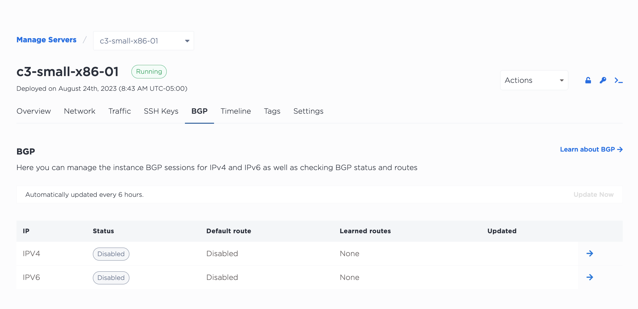 BGP Session Page in the Console