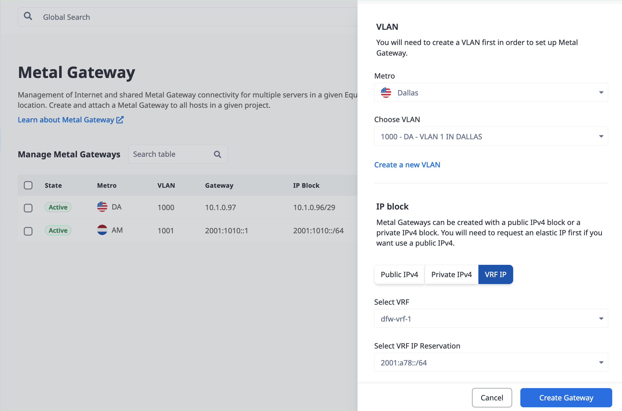 Creating a VRF Gateway