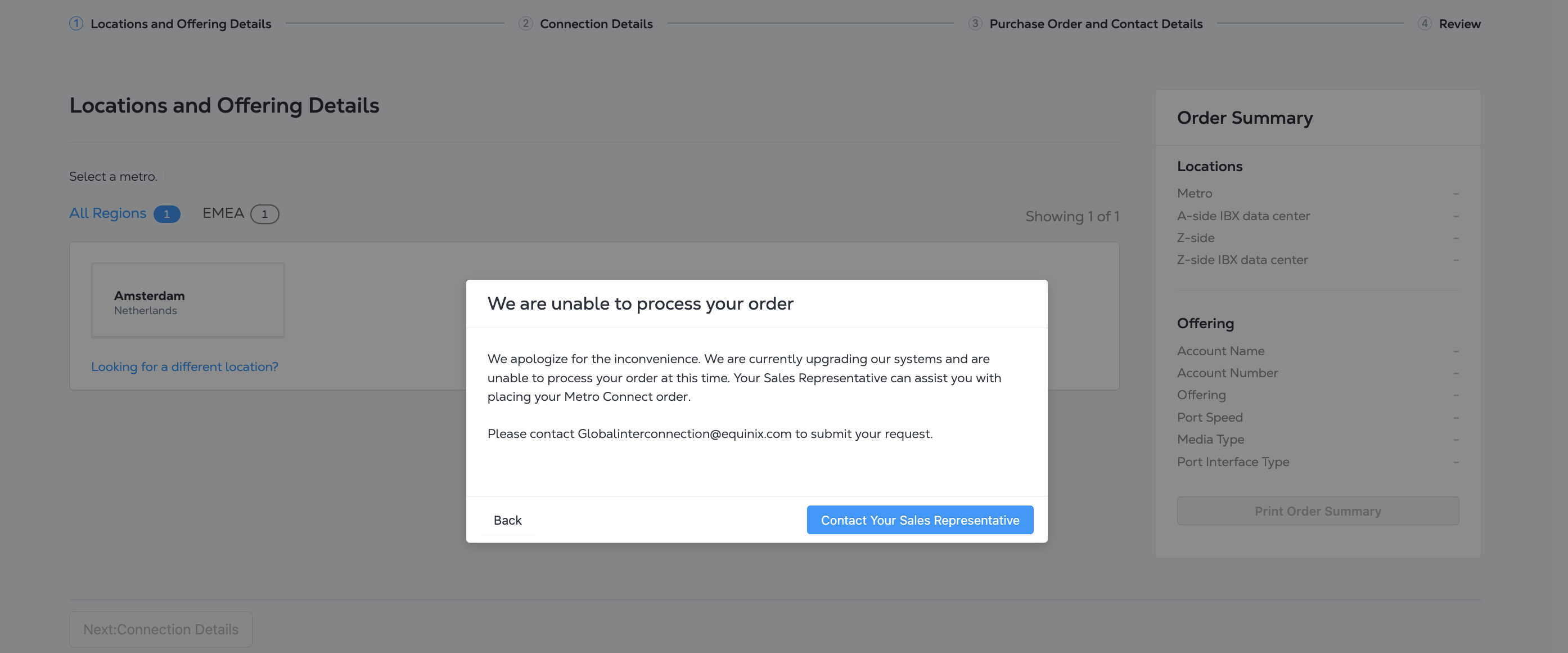 Customer Portal message that Metro Connect ordering is unavailable