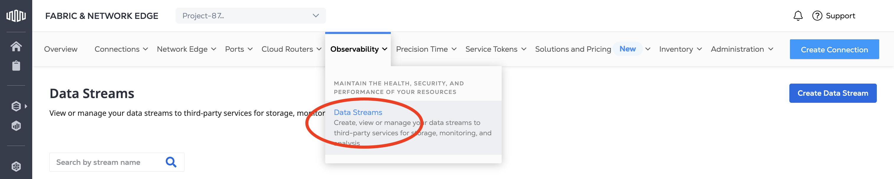 Observability Drop-down Menu Screenshot