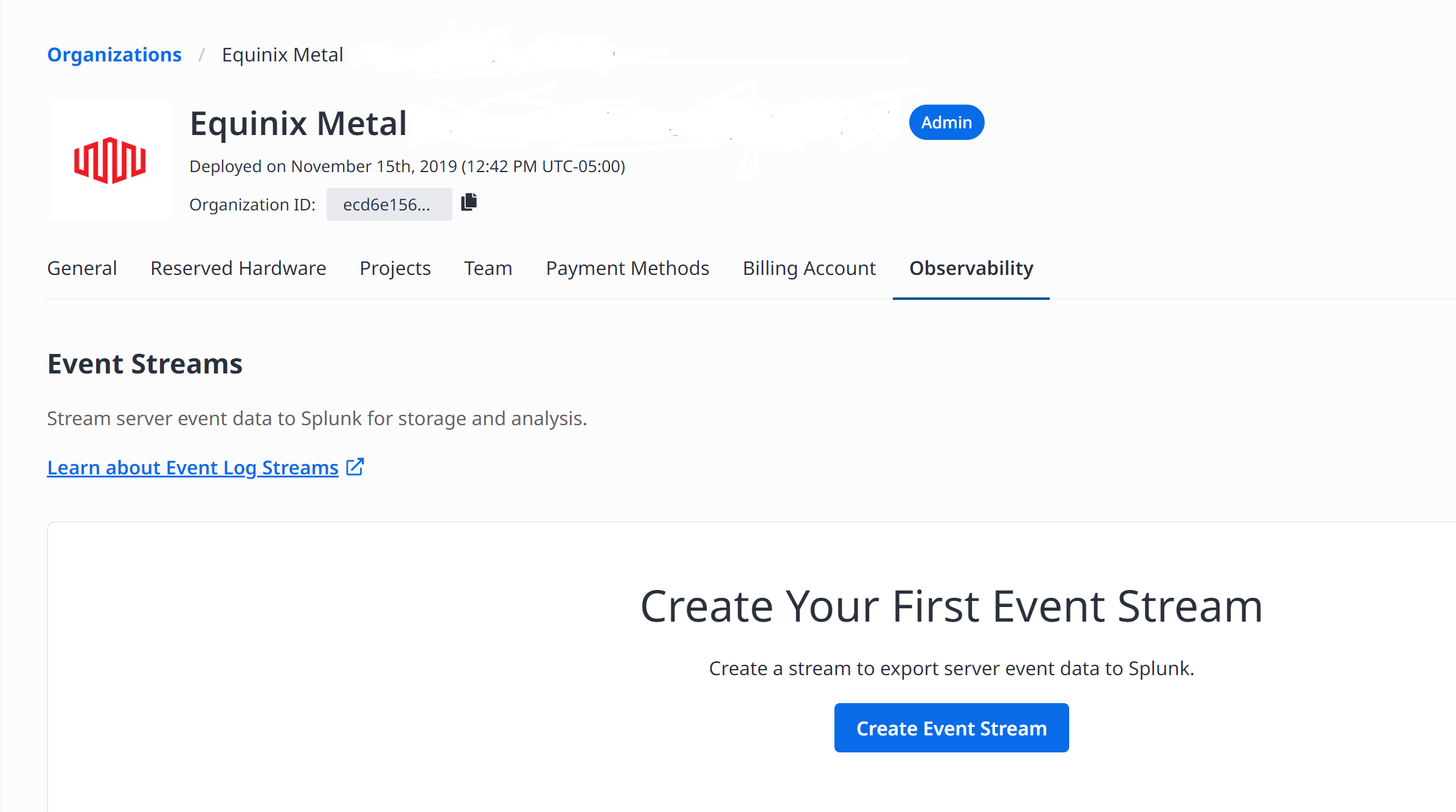 Event Streams page from the Observability tab