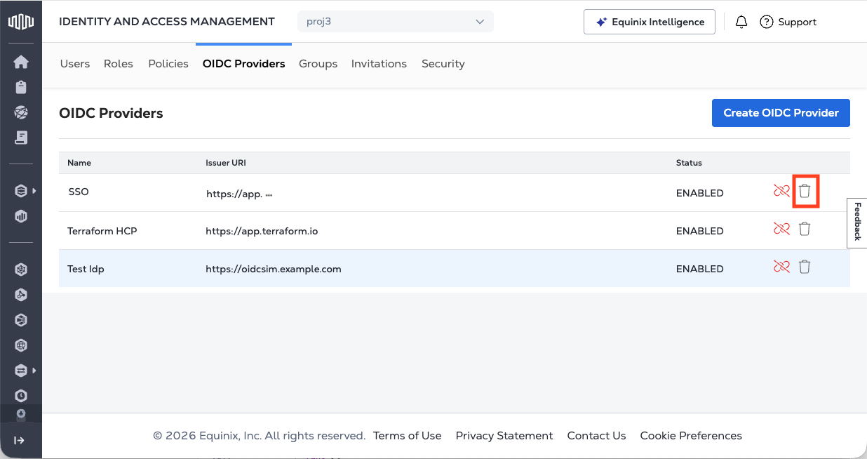 Customer Portal OIDC Providers tab showing the trash can icon to delete an identity provider
