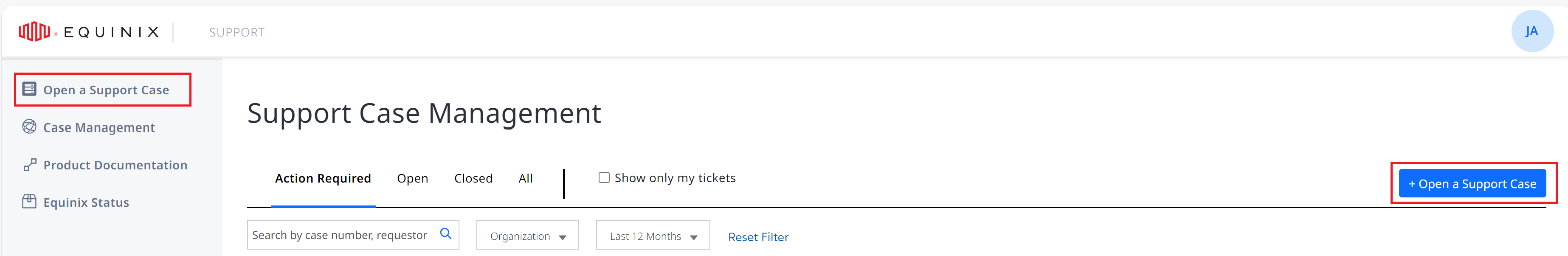 Open a Support Case from the menu or use button
