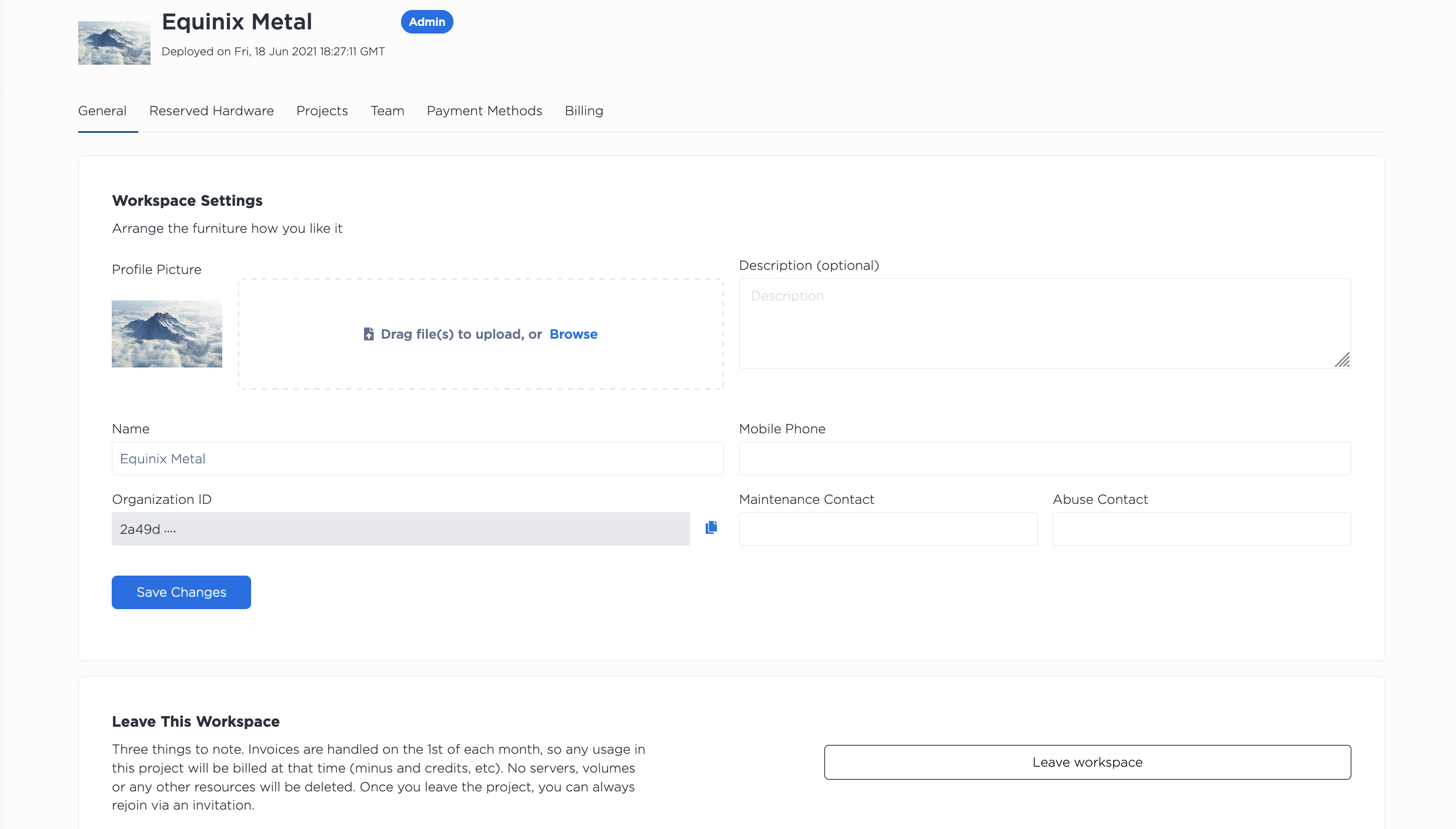 Sample General Organization Settings panel