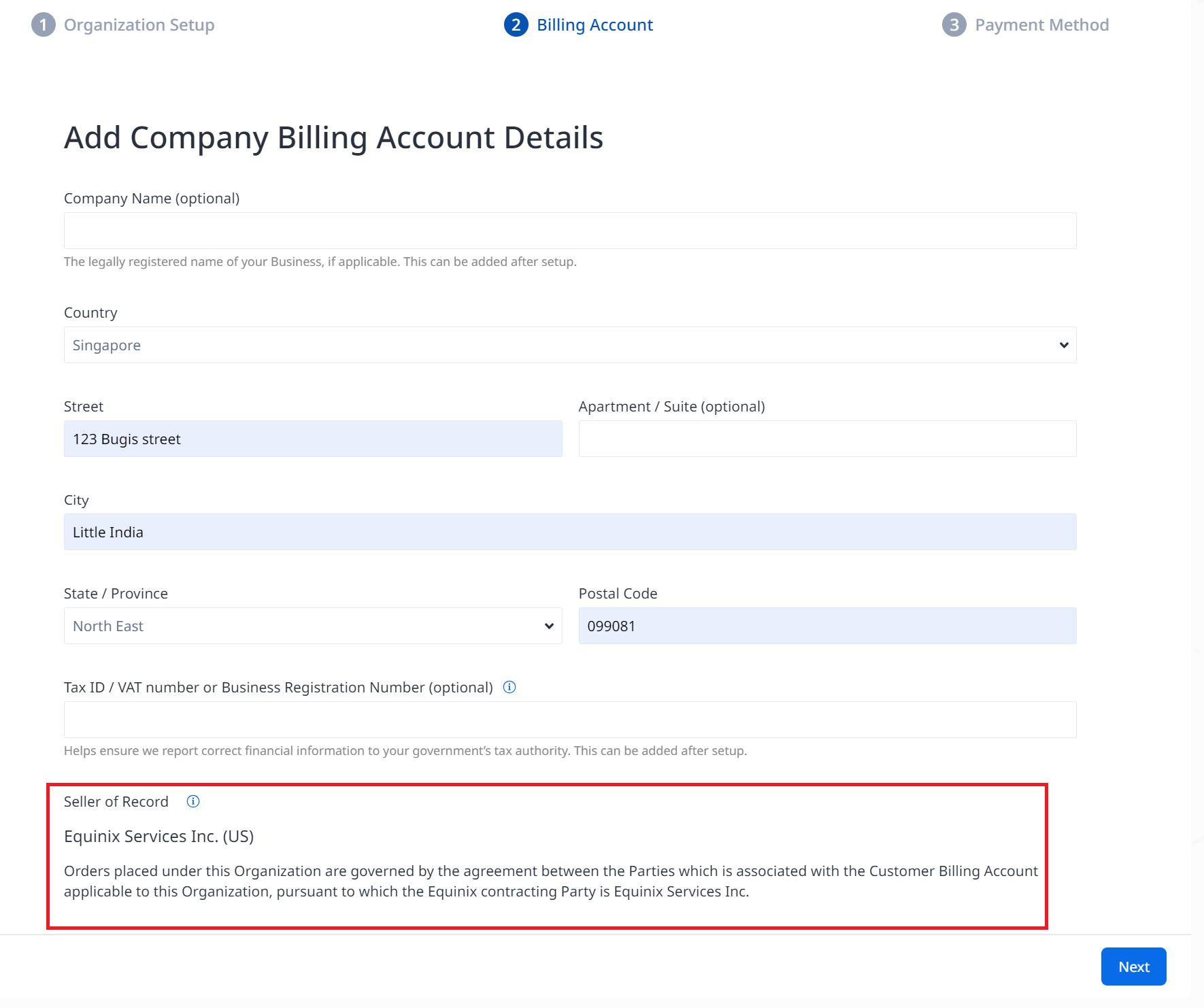 Example Billing Acount Details