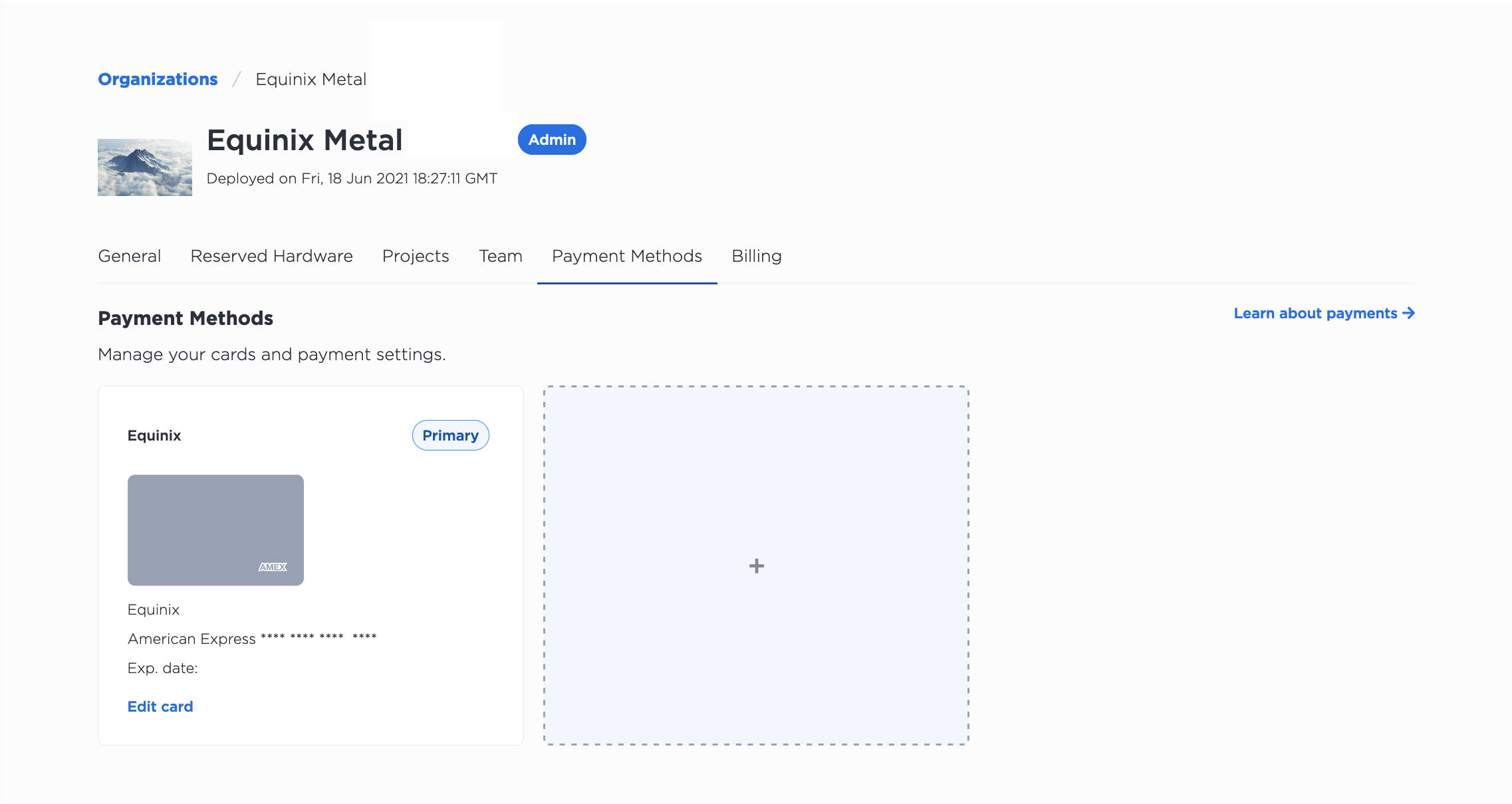 Payment Methods Listed in the Console