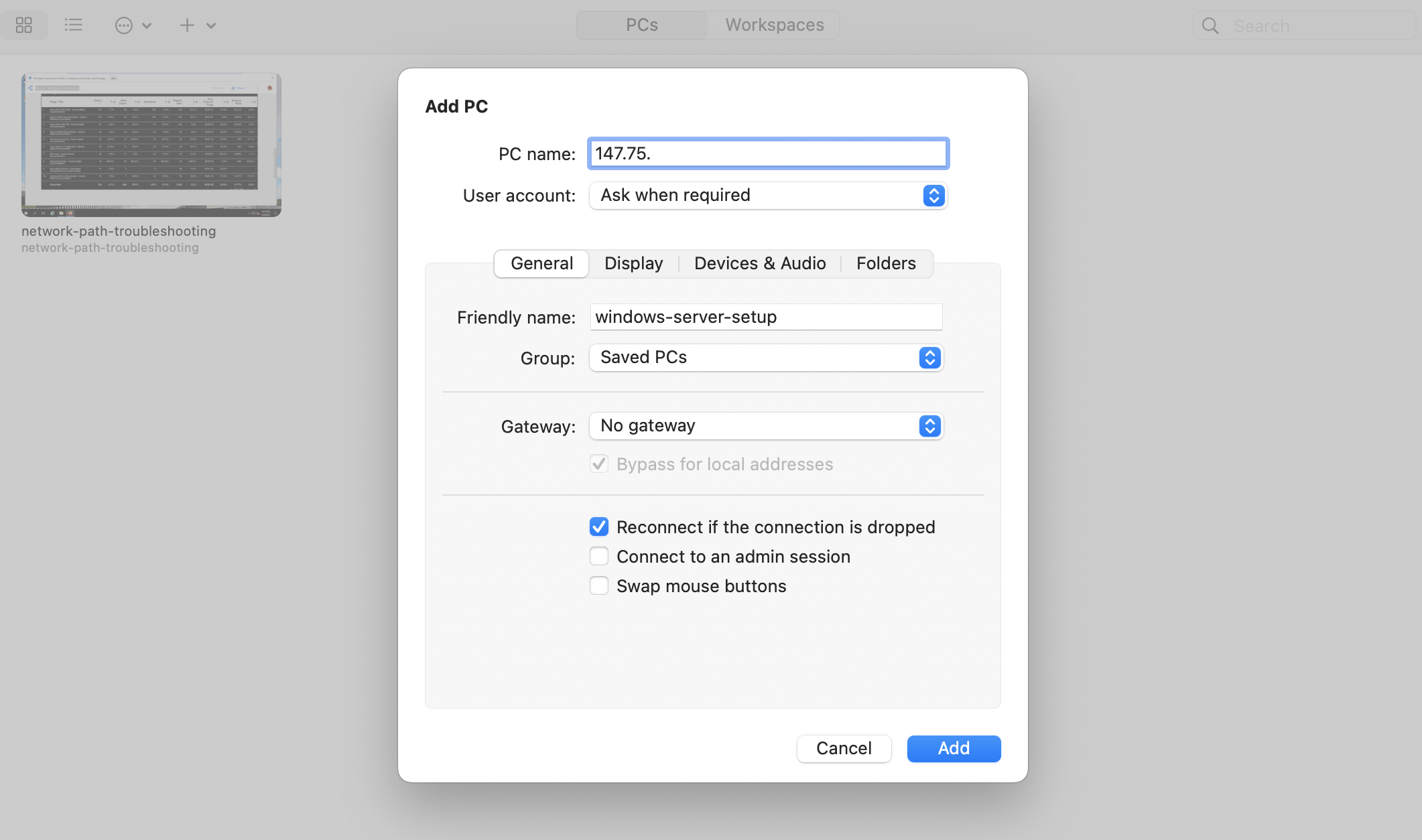 Adding a PC in Remote Desktop