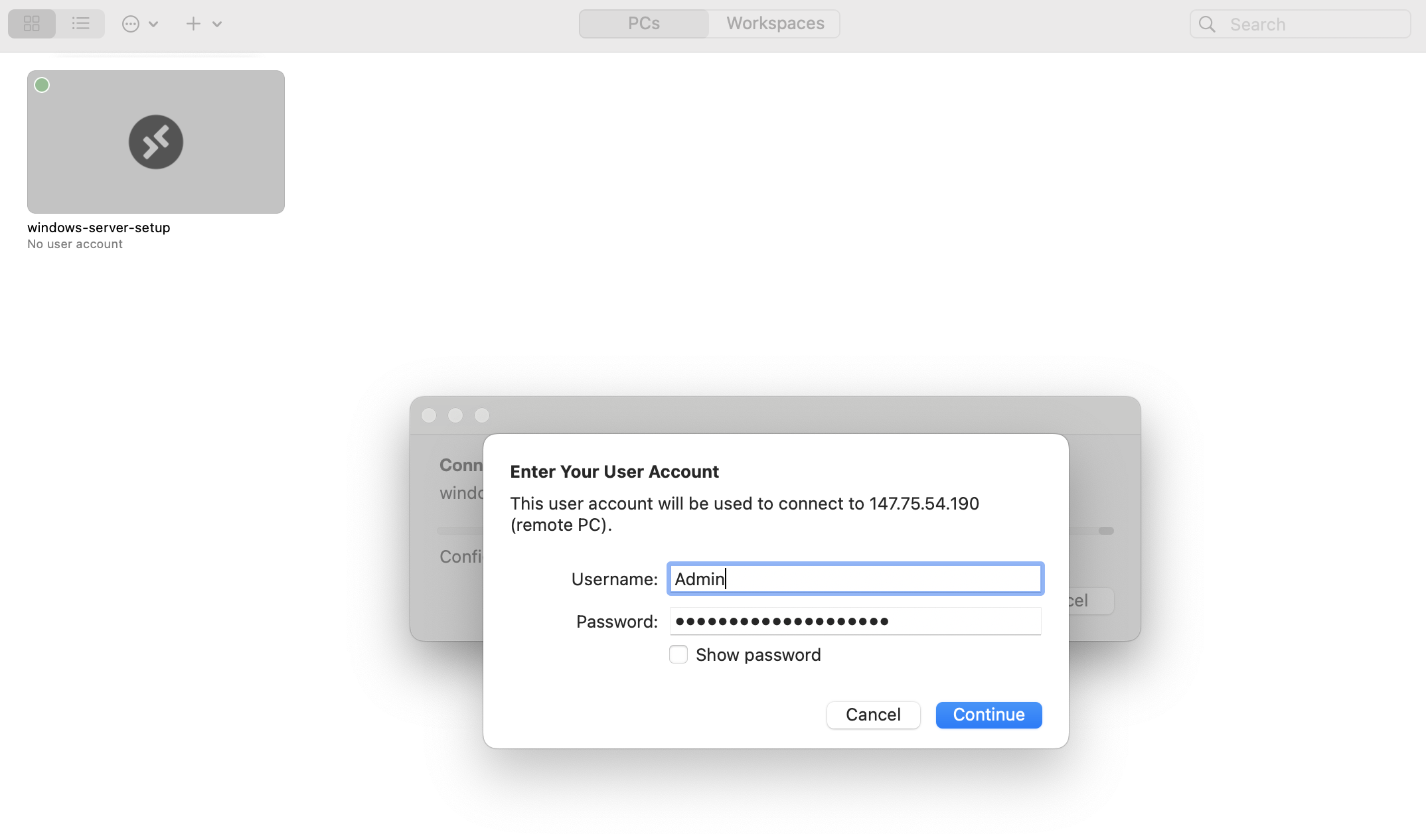 Entering User Account Information in Remote Desktop