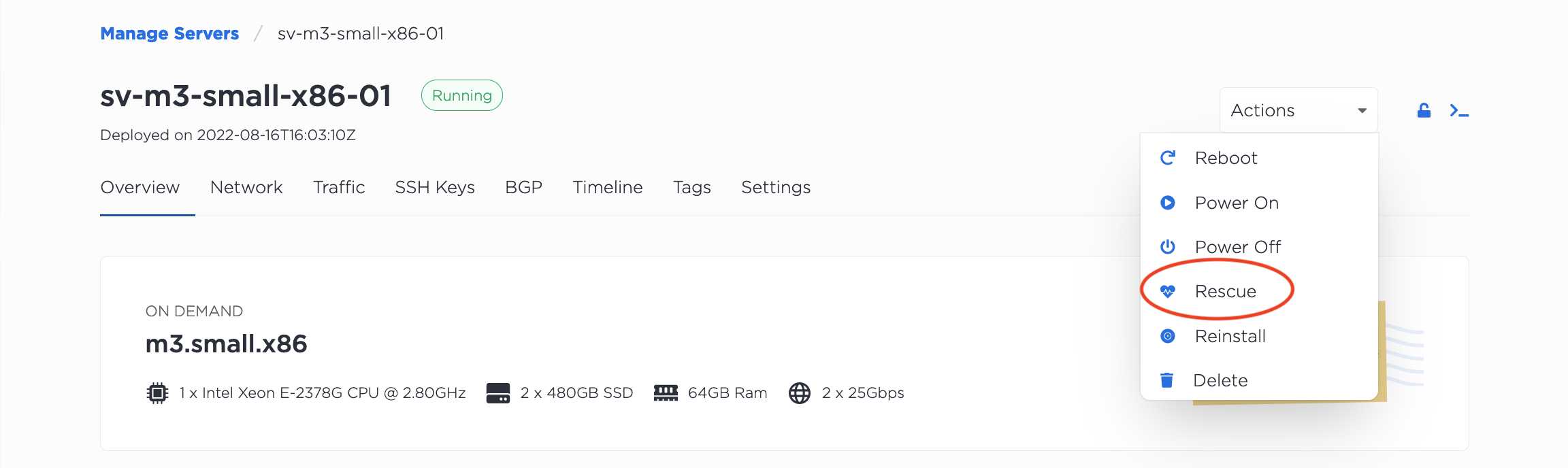Rescue OS in the Server Actions Menu