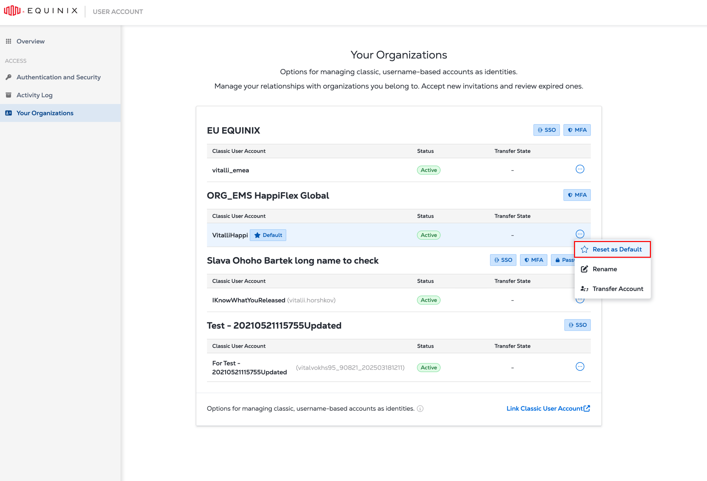 Your Organizations page showing the identity options menu with Reset as Default