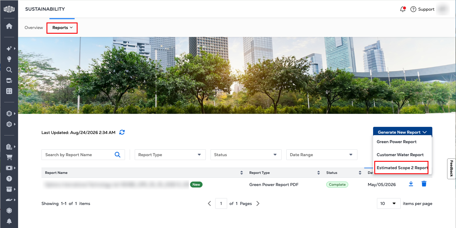 Scope 2 Estimate Report selection in the Generate New Report dropdown
