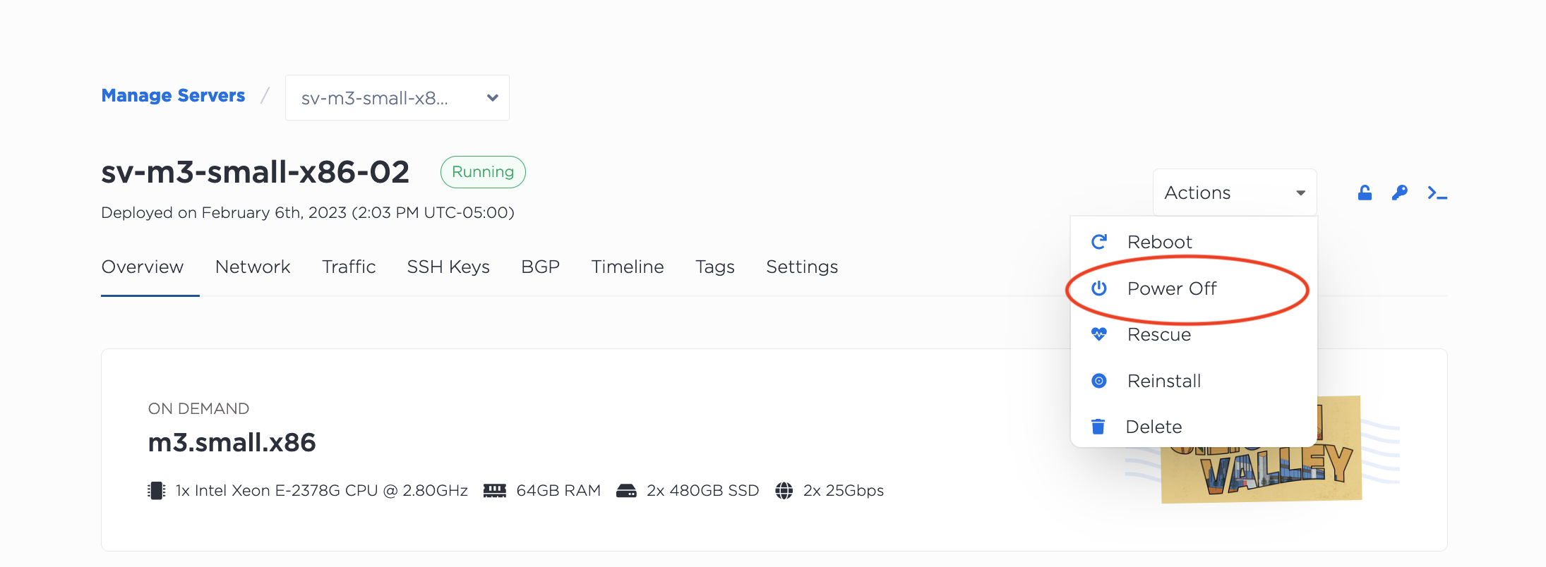 Screenshot of Power Off in the Server Actions menu