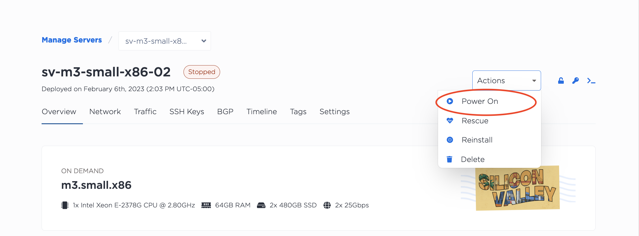Screenshot of Power On in the Server Actions Menu